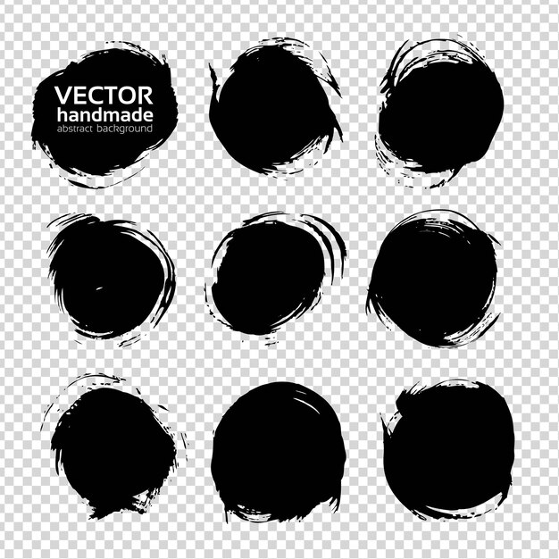 Vector black round abstract smears set isolated on imitation transparent background