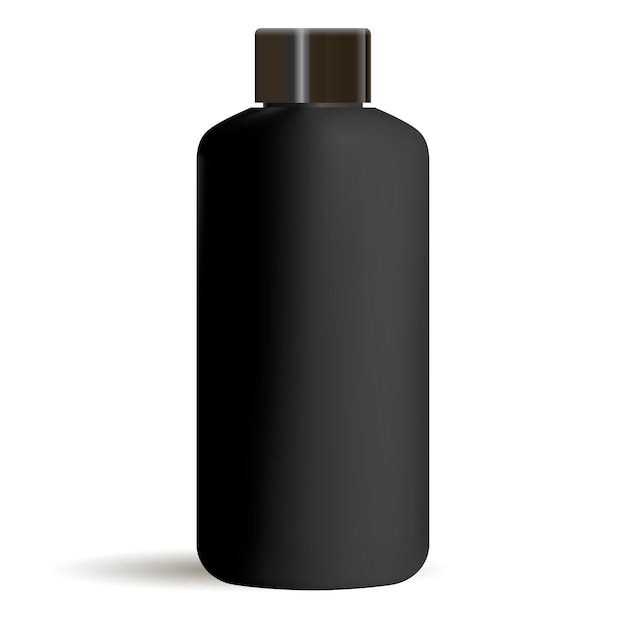 Vector black round cosmetic bottle mockup with black cap. cosmetics