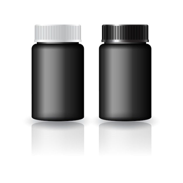 Black round supplements, medicine bottle with black-white grooved lid mock up template. Isolated on white background with reflection shadow. Ready to use for package design. Vector illustration.