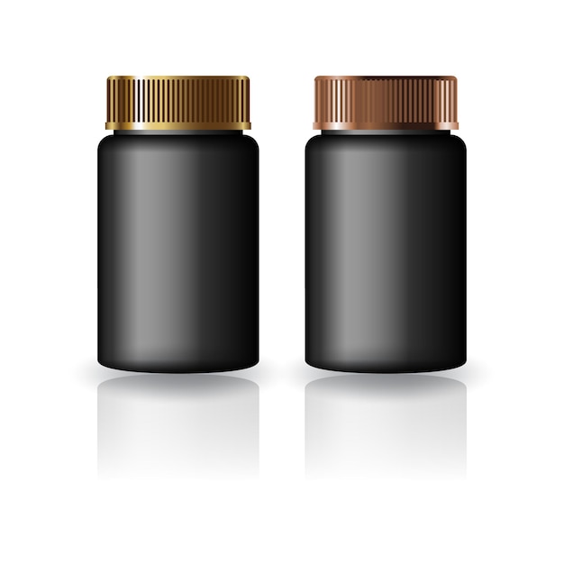 Черная круглая бутылка для лекарств с золотыми и медными желобками на крышке, макет шаблона