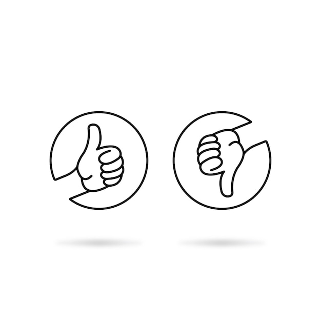 черная круглая тонкая линия большие пальцы вверх и вниз концепция опроса жест руки, например, живи или умри, и правильные или неправильные реакции людей линейный современный пользовательский интерфейс логотип графический дизайн изолирован на белом