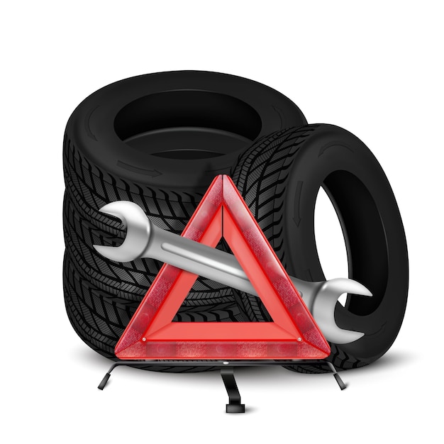 Black rubber tires with tool and sign Realistic tires for auto repair shop advertising