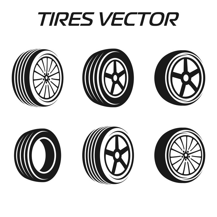 Vector black rubber wheel tire set wheel tires car tire tread tracks