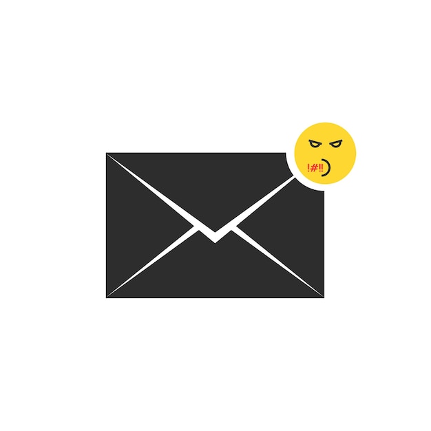 Black rude message letter icon with emoji. concept of sms, spam, vulgar, dispute, furious, correspondence, comment, funny avatar. flat style trend modern logo graphic design on white background