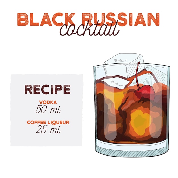 Vettore ricetta per l'illustrazione del cocktail russo nero bevanda con ingredienti