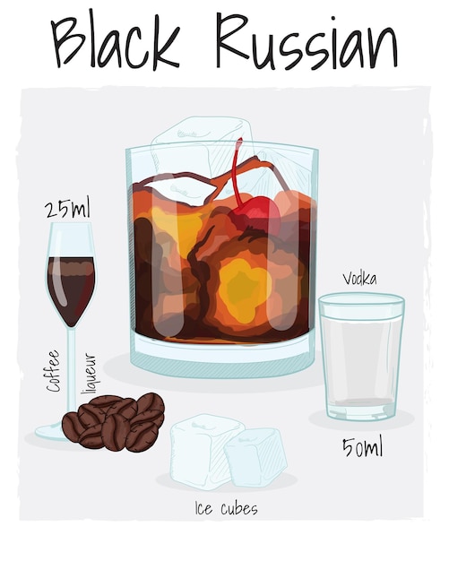 Vector black russian cocktail illustration recipe drink with ingredients