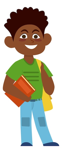Vector black school boy character cartoon kid with backpack
