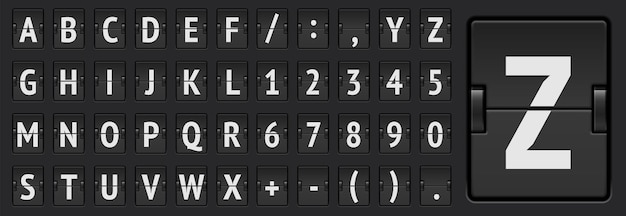 Vettore tabella di punteggio nera abc carattere regolare con numeri per mostrare la destinazione di partenza o l'arrivo del volo illustrazione vettoriale di informazioni