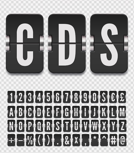 Vector black scoreboard abc font for showing flight departure destination or arrival information airport terminal mechanical flip board alphabet vector illustration on transparent background