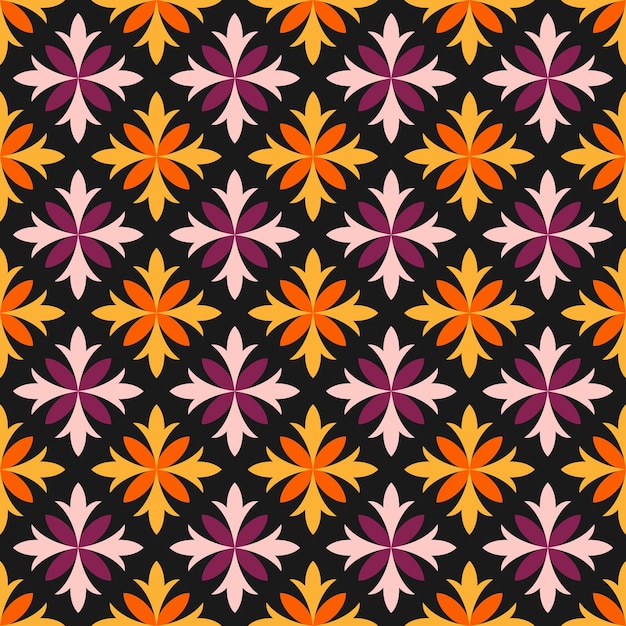 Black seamless pattern with colorful abstract flower design