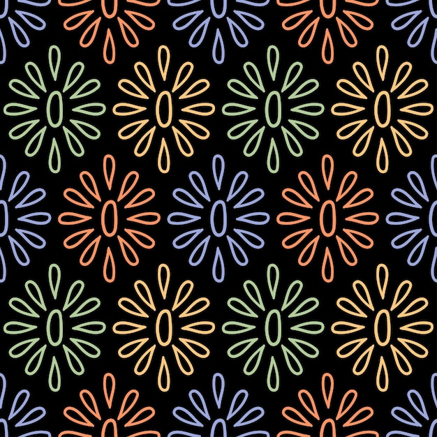다채로운 추상적인 꽃과 함께 검은 완벽 한 패턴입니다.