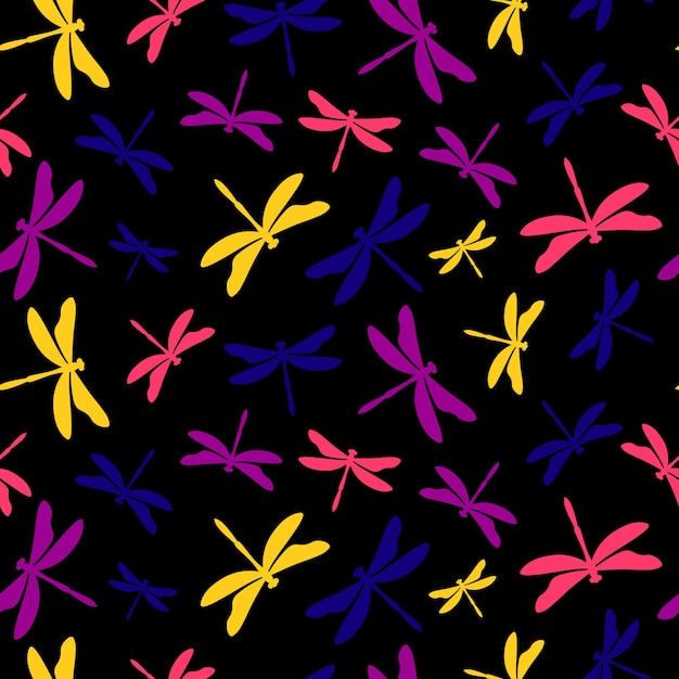 Black seamless pattern with colorful dragonflies.