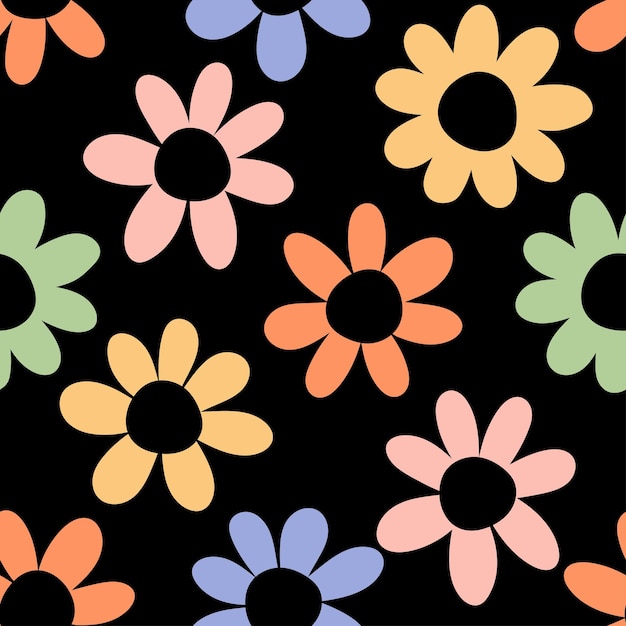 色とりどりの花を持つ黒のシームレス パターン