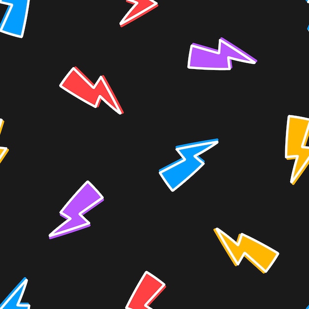 Vector black seamless pattern with colorful lightning bolt