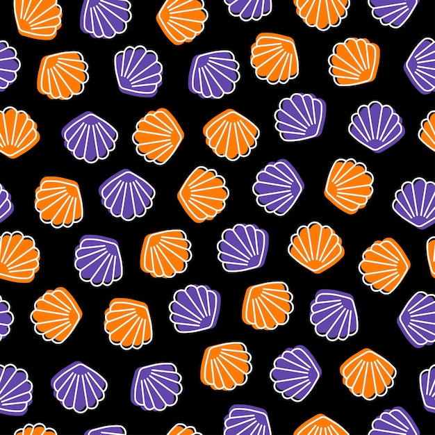 Black seamless pattern with orange and purple seashell