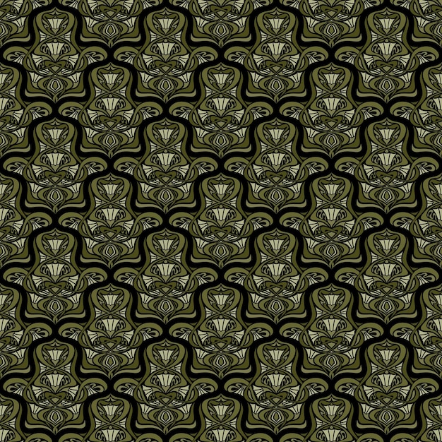 Black seamless vector art nouveau background with green floral arrangement