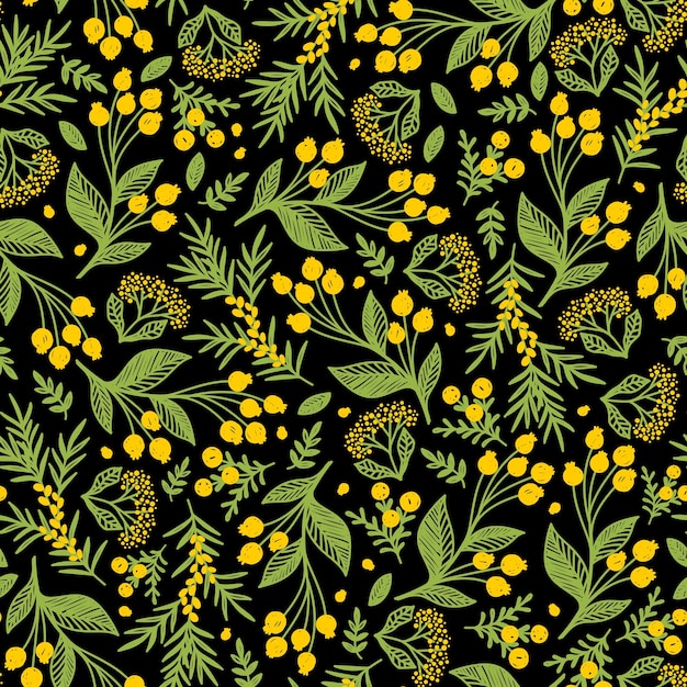 Black seamless vector background with yellow autumn berries