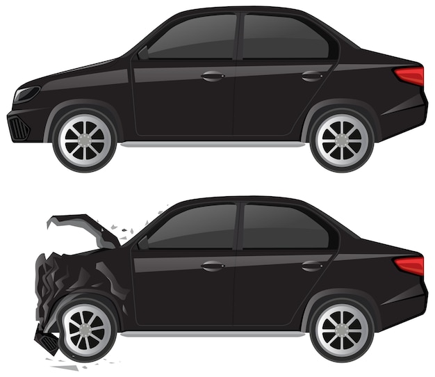 Black sedan car and wrecked car on white background