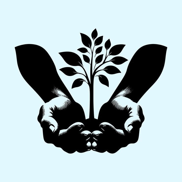 Vector black seedling tree on hand silhouette vector illustration with transparent background