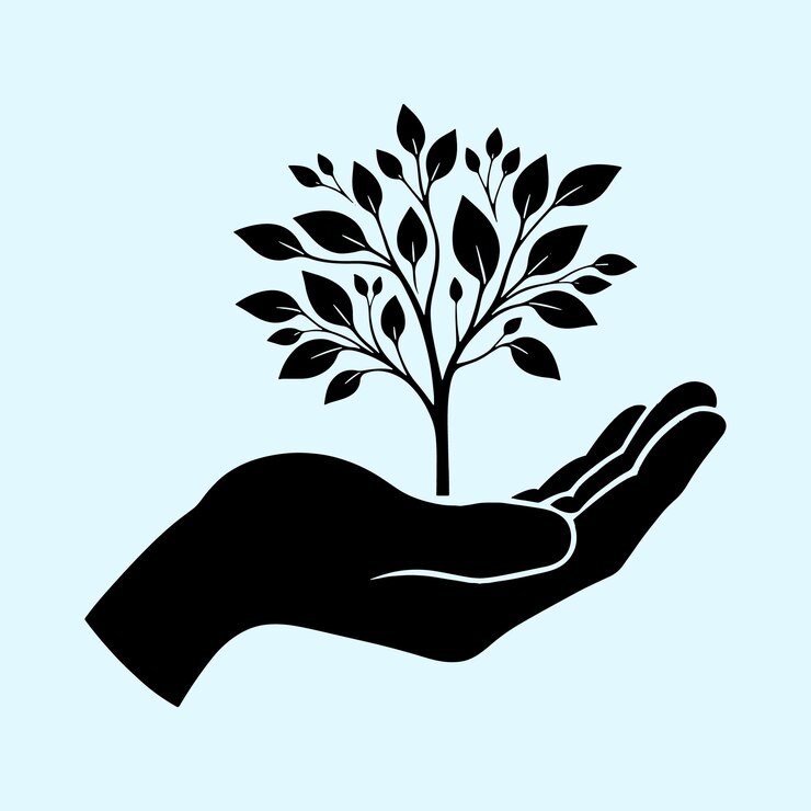 Vector black seedling tree on hand silhouette vector illustration with transparent background