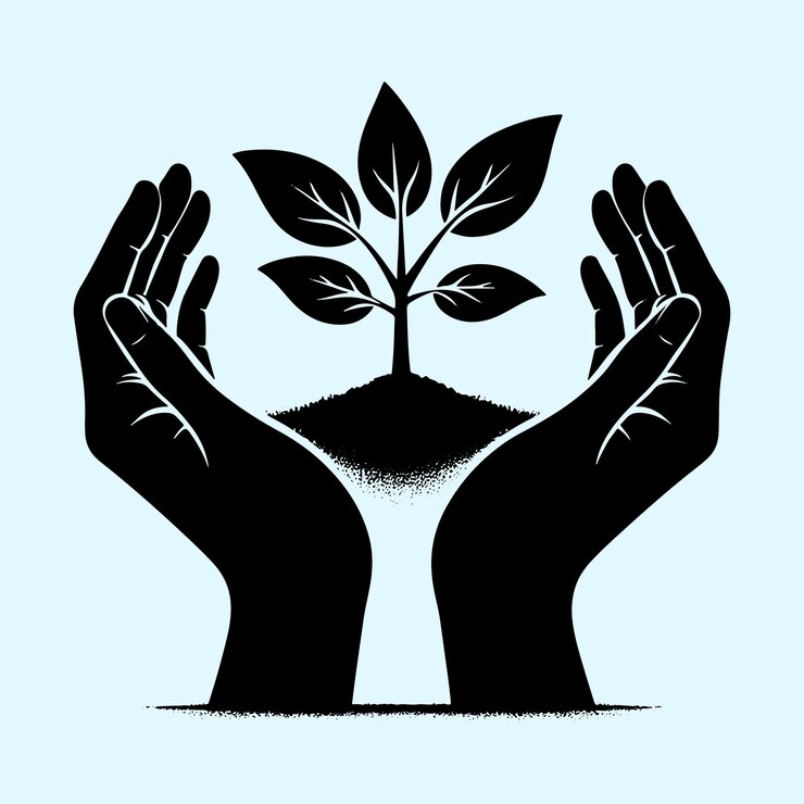 Vector black seedling tree on hand silhouette vector illustration with transparent background
