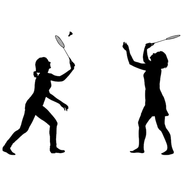 Vector black set silhouette of female badminton player on white background