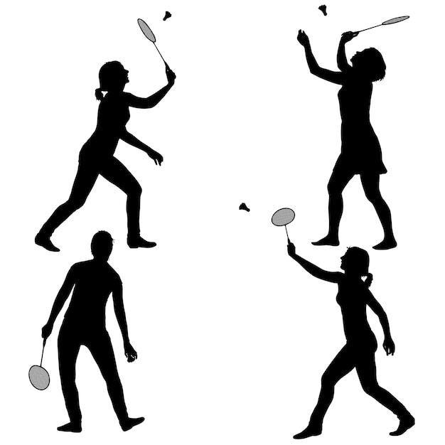 Vector black set silhouette of female badminton player on white background