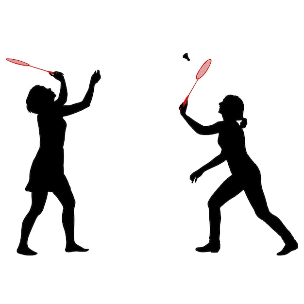 Vector black set silhouette of female badminton player on white background