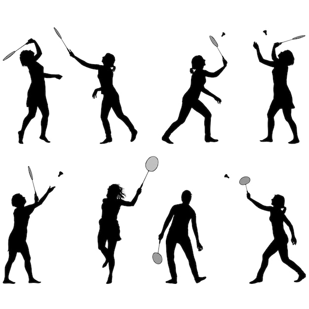 Vector black set silhouette of female badminton player on white background