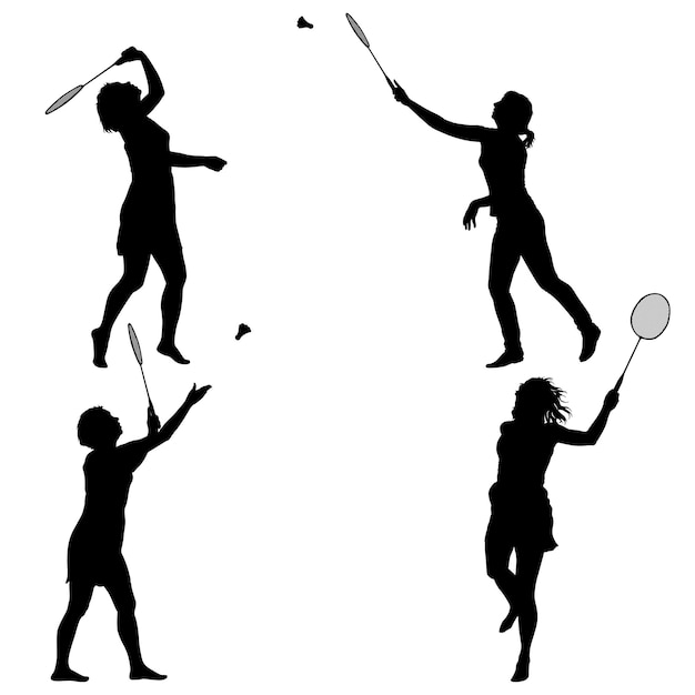 Black set silhouette of female badminton player on white background