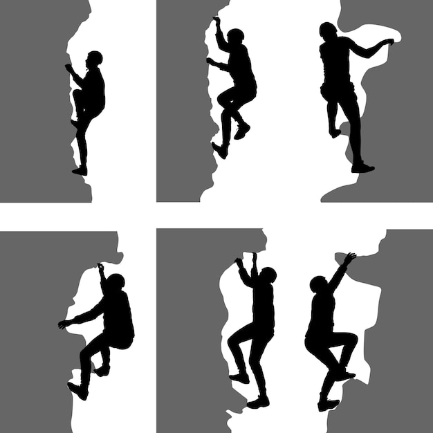 Black set silhouette rock climber on white background