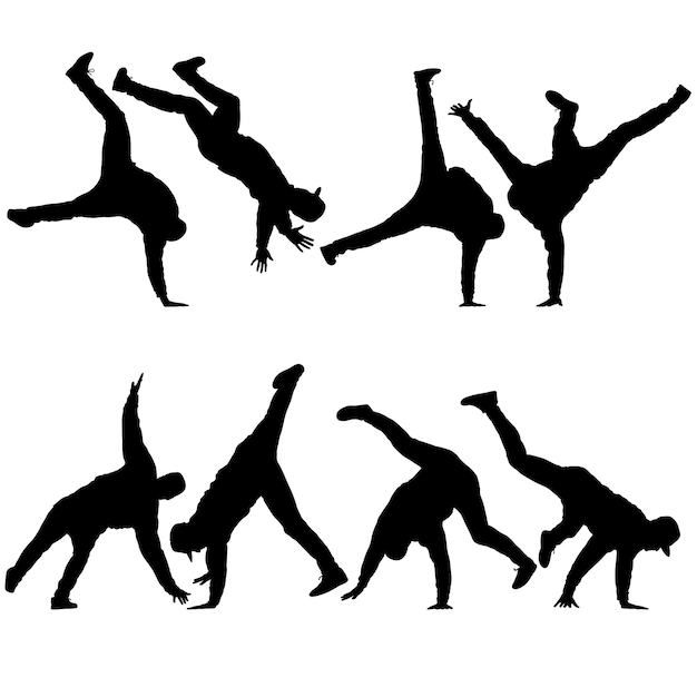 Black set Silhouettes breakdancer on a white background