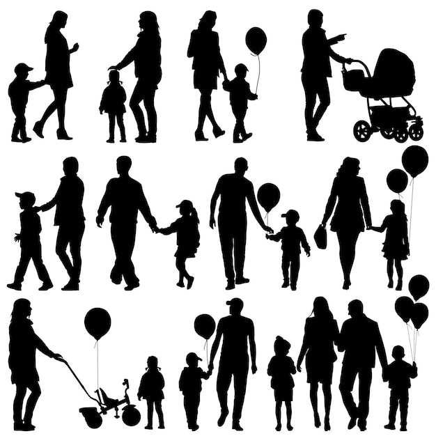 Black set of silhouettes of parents and children on white background Vector illustration