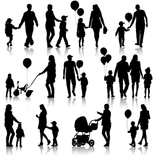 Black set of silhouettes of parents and children on white background Vector illustration