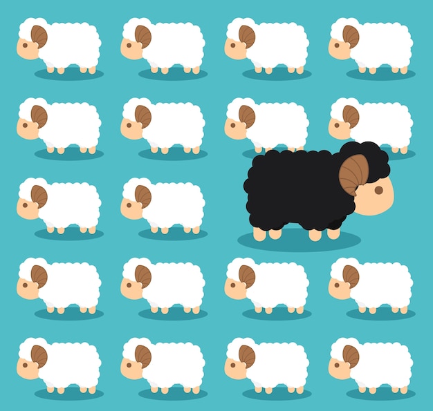 Черная овца отличается от группы белых овец.