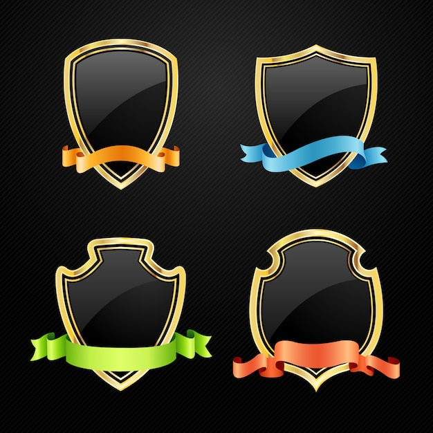 Vector black shield with a golden frame and ribbon