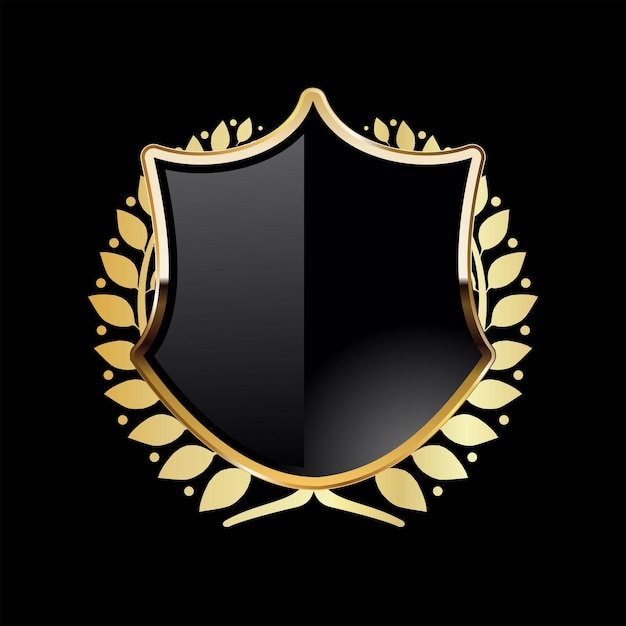 Black shield with golden laurel wreath on black background