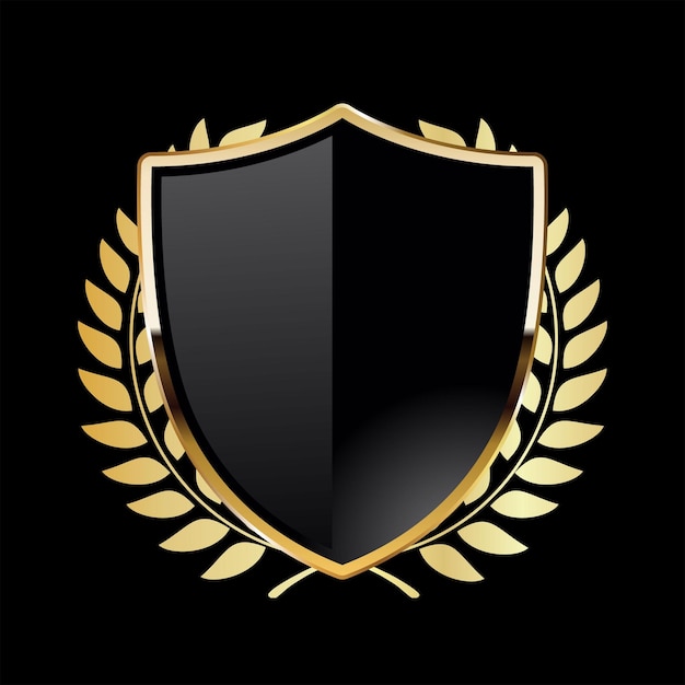 Black shield with golden laurel wreath on black background