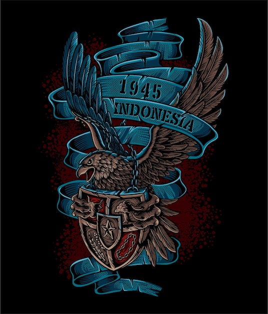 鳥と「1945 インドネシア」と書かれた横断幕が描かれた黒いシャツ