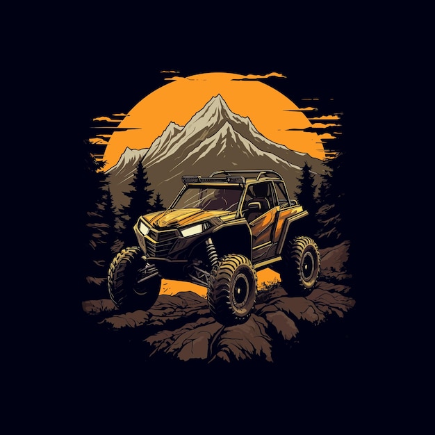 A black shirt with a yellow and orange jeep on it with mountains in the background.