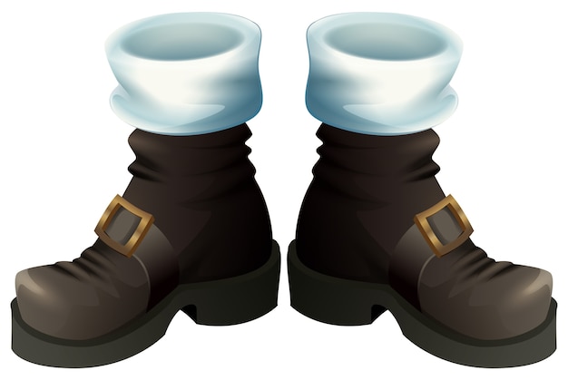 Vector black shoes with gold buckles. santa claus boots christmas accessory. isolated on white cartoon illustration