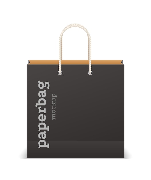 Black shopping bag Square paper sack mockup for branding Blank packaging for purchases Cardboard package with rope handles and copy space Vector template for corporate identity