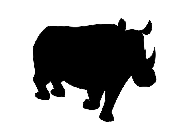 Black silhouette african rhinoceros walking cartoon animal design flat vector illustration isolated on white background.