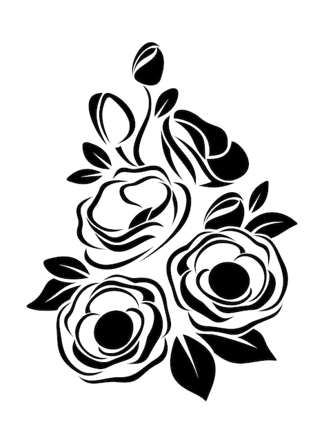 Vettore silhouette nera di boccioli e foglie di fiori di anemone su uno sfondo bianco