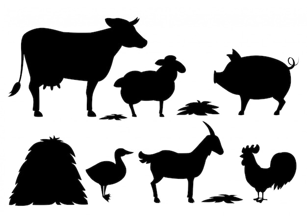 Black silhouette. Animal farm set with stack of hay. Domestic animal collection. Cartoon animal .   illustration  on white background