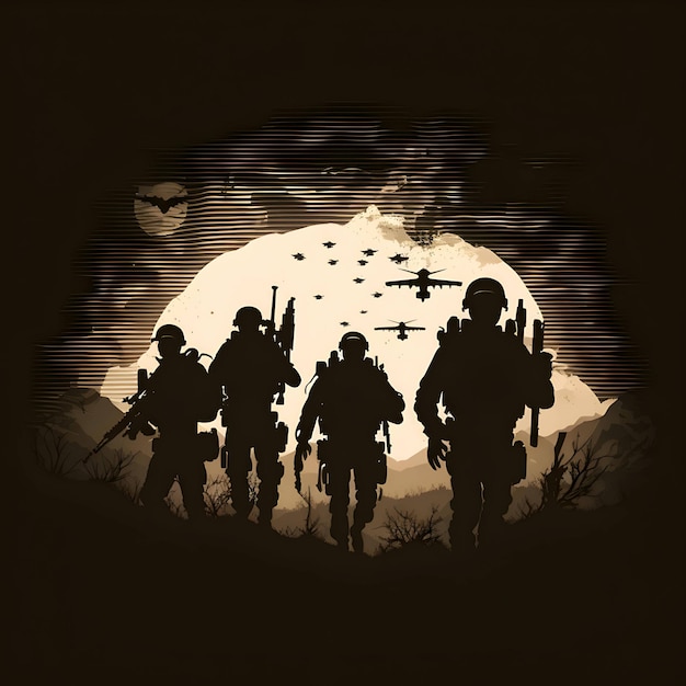 Black silhouette of an army on white background