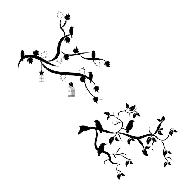 A black silhouette of birds on a branch with hanging bird feeders.
