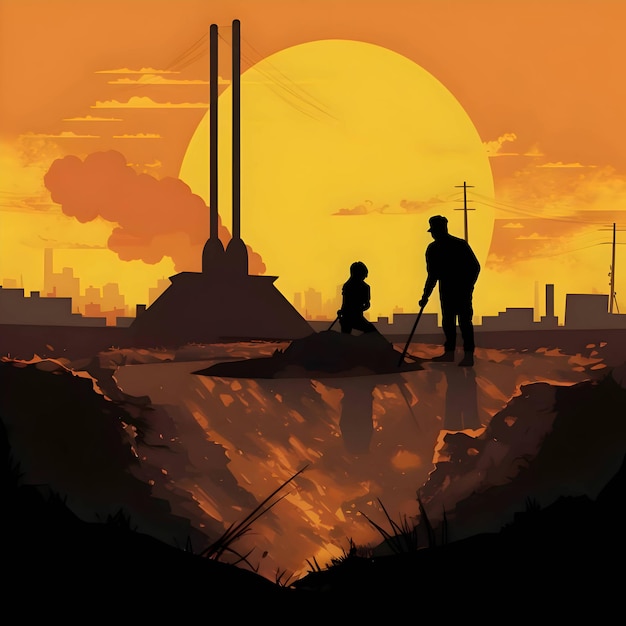 Black silhouette of boy and a man digging in the dirt on sunset background