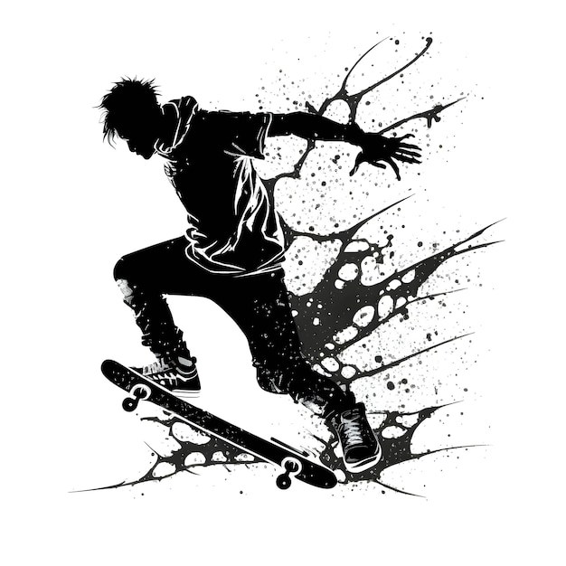 Black silhouette of a boy on skateboard on white background