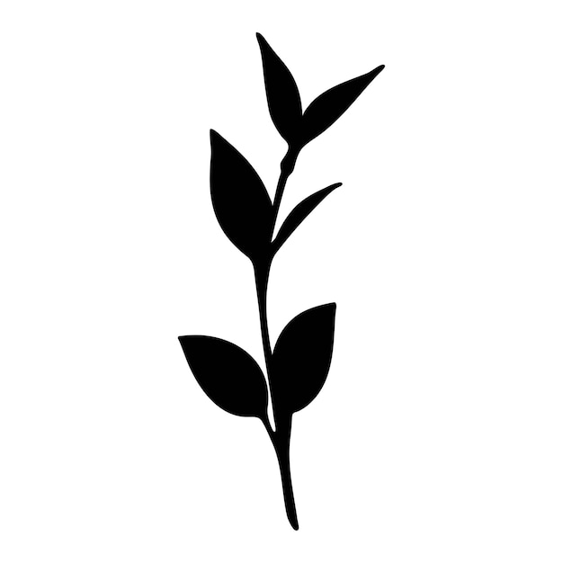 Black silhouette of a branch with leaves and a stem isolated on a white background